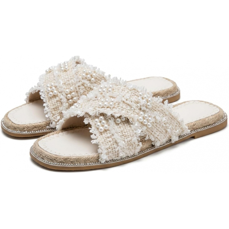 Chic Tweed Pearl Cross Strap Sandals Elegant Slippers