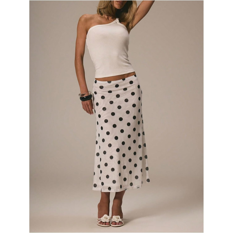 Women's Polka Dots Midi Skirt Summer Mesh Flowy Long Skirts