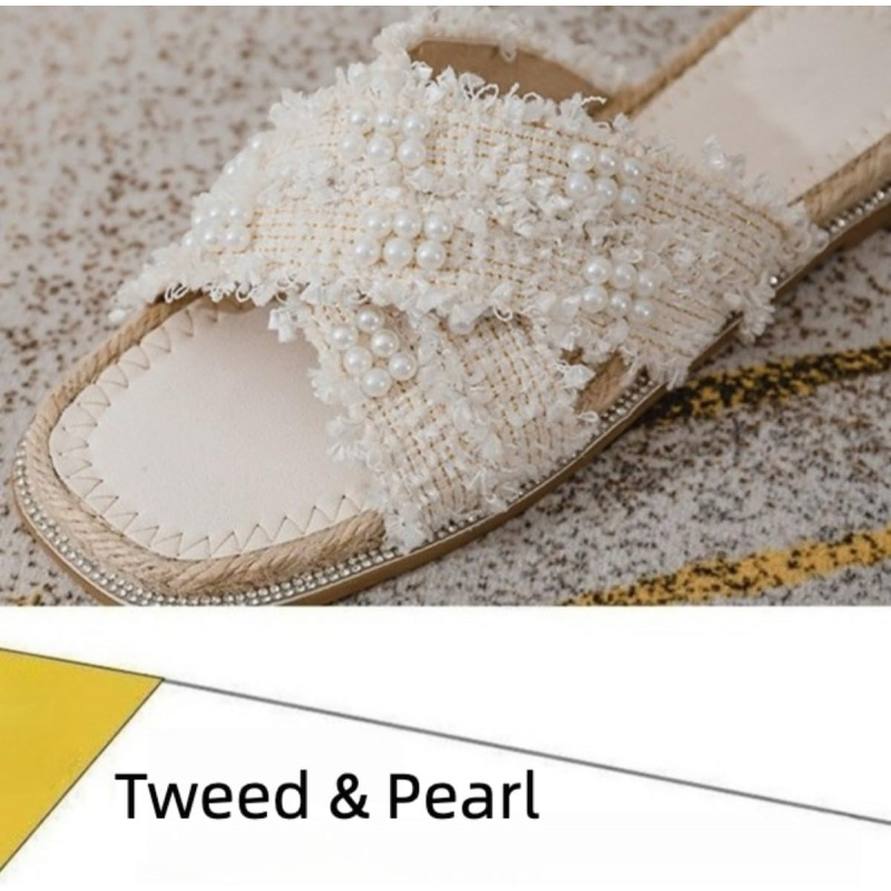 Chic Tweed Pearl Cross Strap Sandals Elegant Slippers